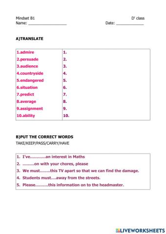 Mindset unit 4 vocabulary