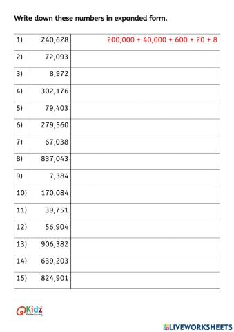 Expanded Form Numbers to 1 Million