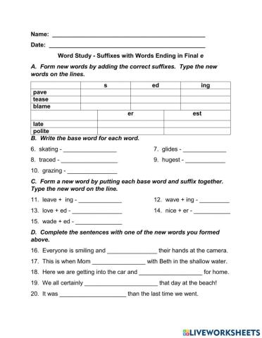 Suffixes with Words ending in Final e