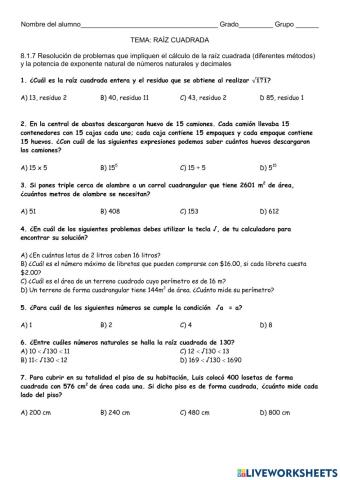 Problemas razonados de raíz cuadrada