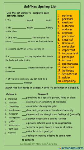 Suffixes Spelling List