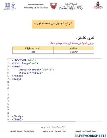 ادراج الجدول في صفحة الويب