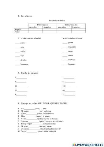 Artículos, números, verbos