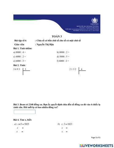Toán 3 - 2021.02.25 - Phép chia số có bốn chữ số cho số có một chữ số