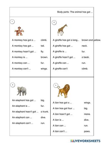 Wild animals - body parts and activities