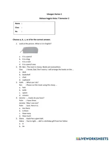 Ulangan Harian 1 Kelas 7 Smst 2 Bahasa Inggris