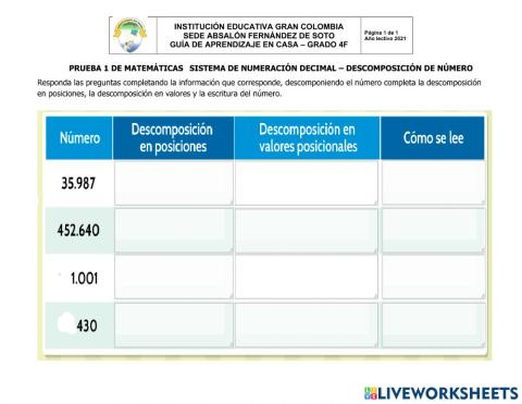 PRUEBA 1 DE MATEMÁTICAS GRADO 4F SISTEMA DE NUMERACIÓN DECIMAL