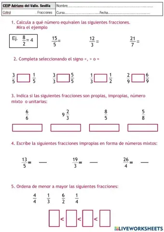 Examen de fracciones1. Trimestre2.QUINTO