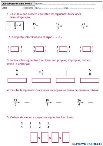 Examen de fracciones1. Trimestre2.QUINTO