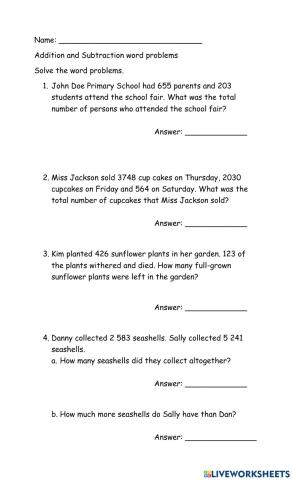 Addition and Subtraction word problems