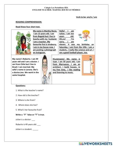 Reading Comprehension with verb To be.