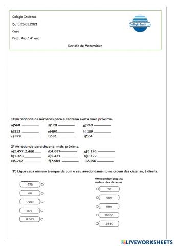 Revisão de matemática 4º ano