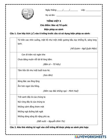 Phiếu bài tập so sánh