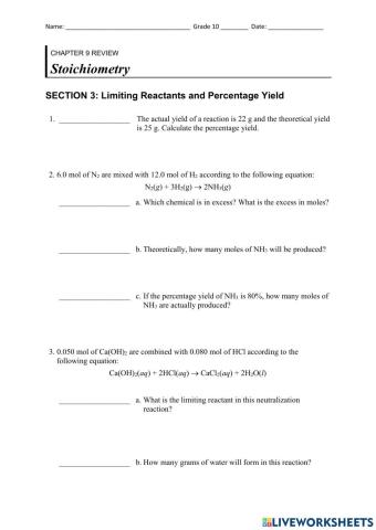 Limiting reactant and percentage yield