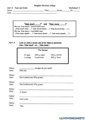 Unit 4: Food and Drink Worksheet 2