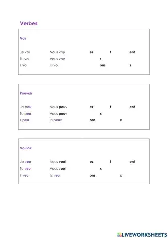 Verbes voir-pouvoir-vouloir au present de l'indicatif