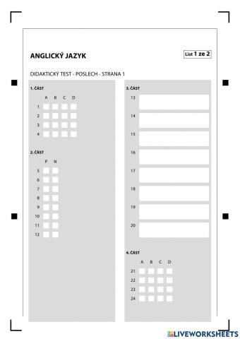 Záznamový arch Didaktický test Podzim 2016