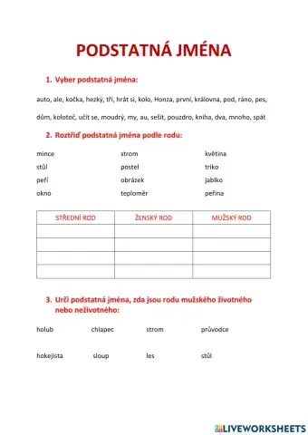Podstatná jména - pracovní list