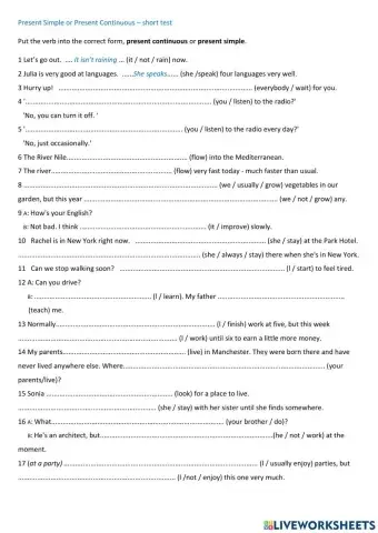 Present Simple Present Continuous SHORT TEST