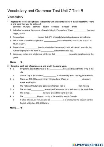 Vocabulary and grammar test Unit 7(pre-intermediate)