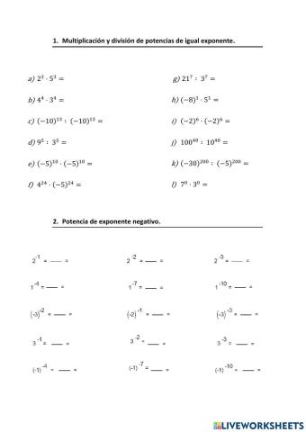 Potencias. Propiedades distinta base. Exponente negativo.