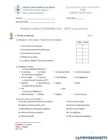 C Orale examen 3º Les aliments et la santé