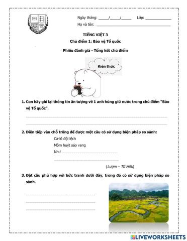 Phiếu tổng kết chủ điểm 1 - Bảo vệ Tổ quốc