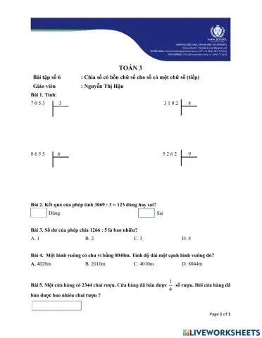Toán 3 - 2021.02.26 - Phép chia số có bốn chữ số cho số có ba chữ số (tiếp)