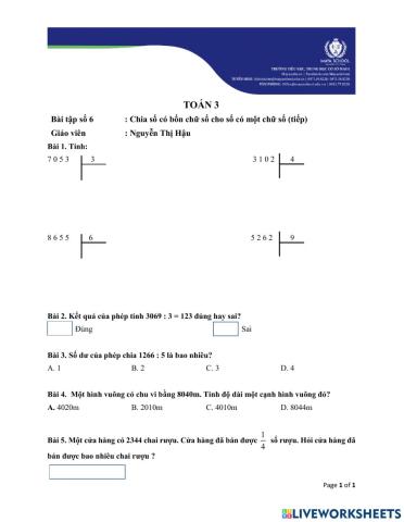 Toán 3 - 2021.02.26 - Phép chia số có bốn chữ số cho số có ba chữ số (tiếp)