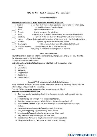 Language Arts - Body Systems - Week 3 Homework