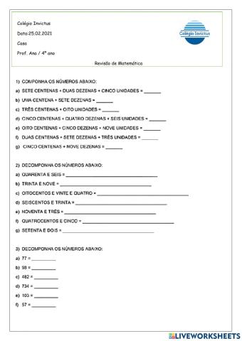 Revisão de matemática 4º ano