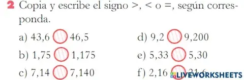 Ejercicios de mayor a menos con decimales