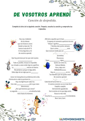 Completar la letra de la canción escribiendo las palabras que faltan 5º y 6º