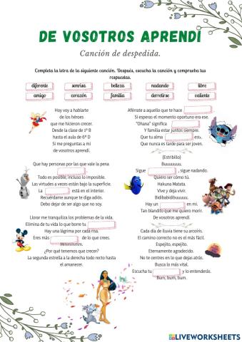 Completar la letra de la canción arrastrando y pegando las palabras 1º, 2º, 3º y 4º.