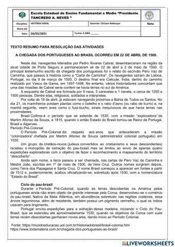 Revisão chegada dos portugueses ao Brasil