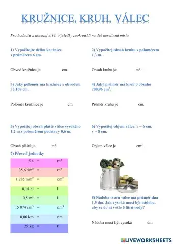 Kružnice, kruh, válec