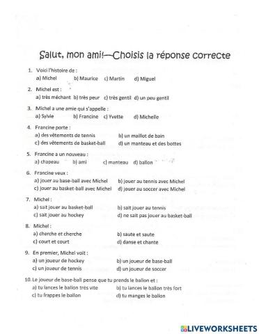 Salut mon ami - Choix multiple