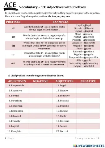 YL11 Unit13 page98 Vocabulary -Adjectives with prefixes