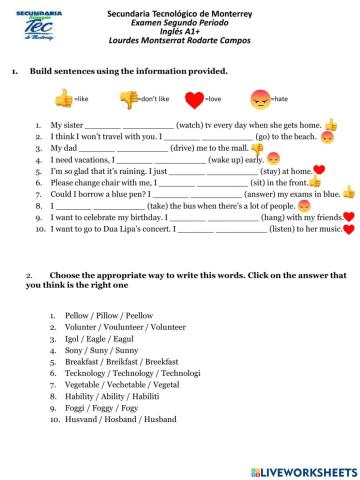 Examen de Periodo II Inglés A1+
