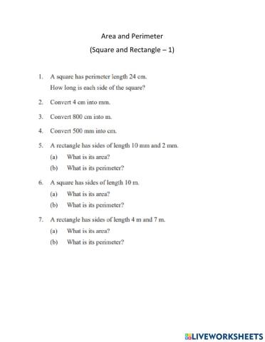 Area and Perimeter of  square and rectangle