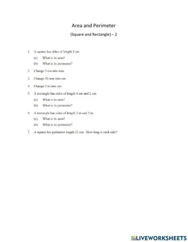 Area and Perimeter of  square and rectangle