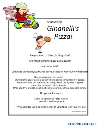 Pizza Place Advertisement -Read and Comprehend