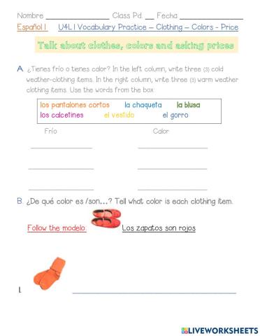 U4L1 Vocab. Practice - Clothing-Colors-Asking Prices
