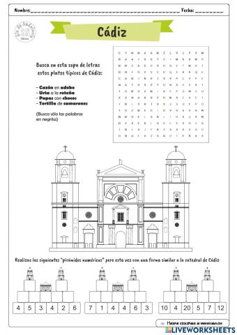 Sopa de letras y pirámide numérica. Día de Andalucía: Cádiz