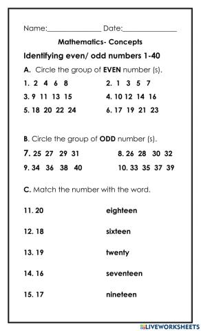 Even numbers and Odd numbers