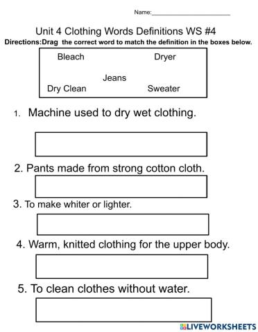 Unit 4 Clothing Words Drag and Drop WS 4