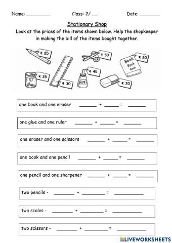 Grade 2 Money - Stationary Shop