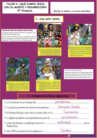 Taller nº2 4º PRIMARIA: ¿qué cumple Jesús con su muerte y resurección?