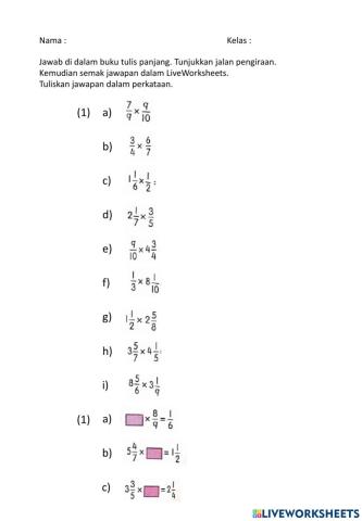 Matematik - Tahun 6 - Mendarab sebarang pecahan wajar dan nombor bercampur dengan pecahan wajar dan nombor bercampur
