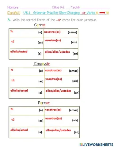 Stem-Changing -ar verbs- e - ie